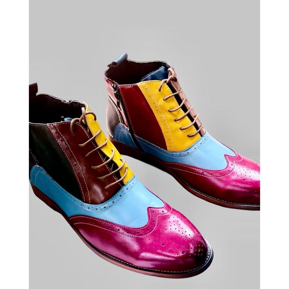 Men's Multicolor Leather Wingtip Brogue Boots EU 46 Side Zip Statement
